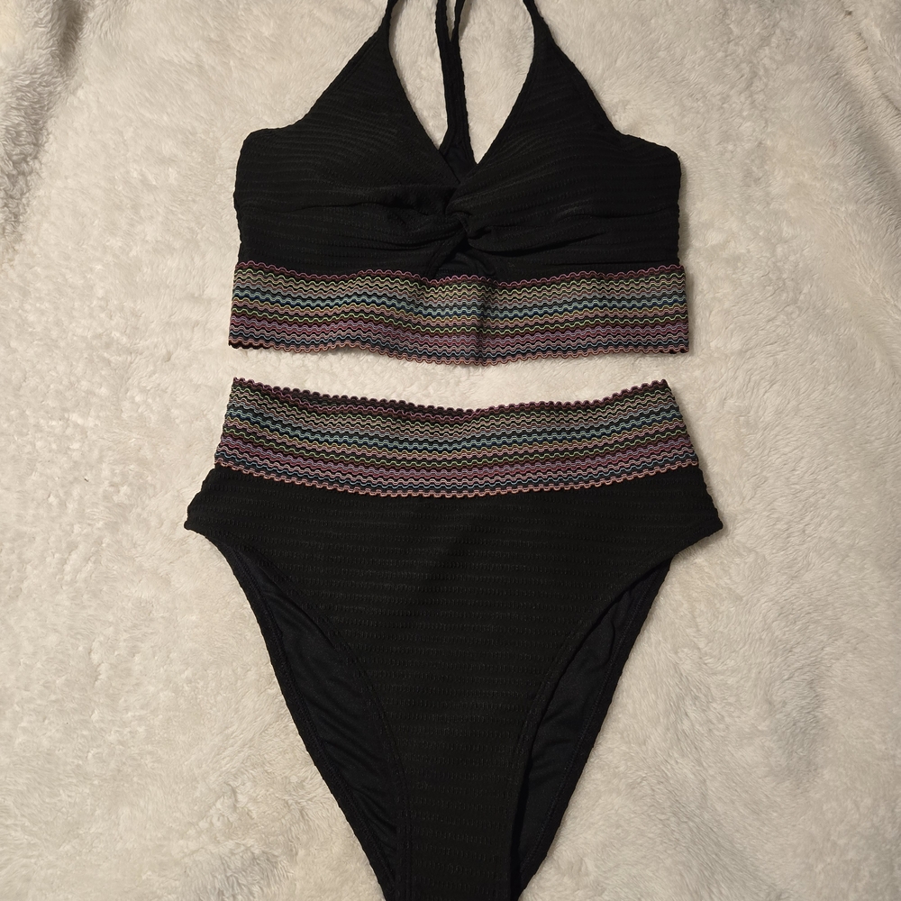 Cupshe Black Bikini with Colorful Zigzag Trim